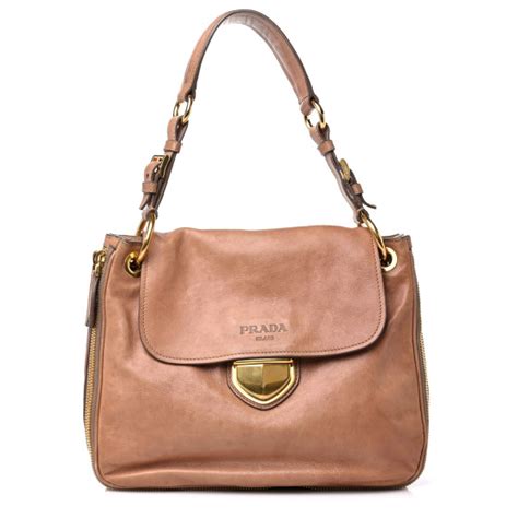 PRADA Glace Calf Zippers Shoulder Bag Naturale